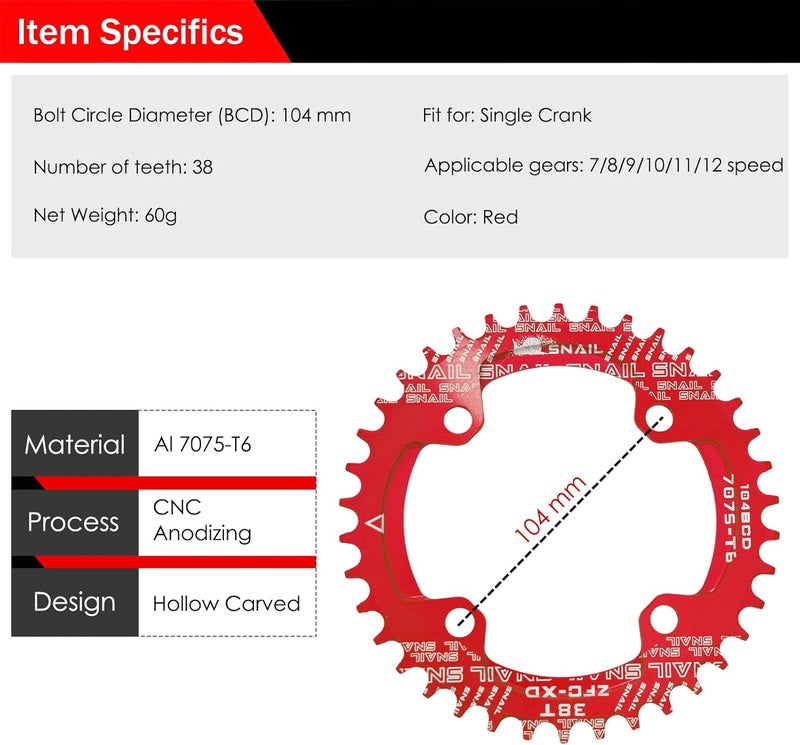 BESNIN Chainring 104 BCD Chainring 30T 32T 34T 36T 38T 40T 42T 44T 46T 48T 50T 52T Narrow Wide Tooth Round Chainring for 7/8/9/10/11/12 Speed MTB BMX Road Bike - Image 2